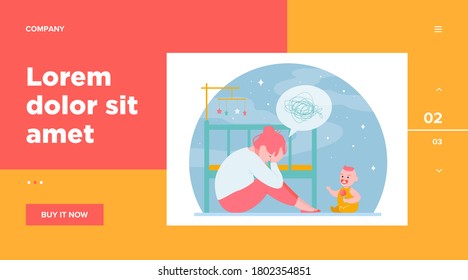 Depressed woman with newborn flat vector illustration. Sleepy tired young mom sitting near bed and baby in anxiety mood. Motherhood and parenting difficulties concept