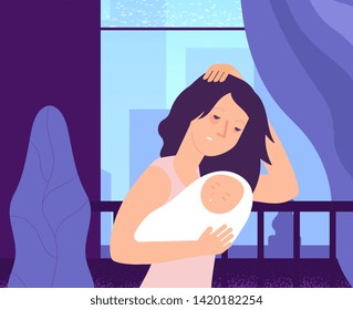 Depressed woman and newborn. Sleepy tired young mom holding crying baby at crib, female in anxiety mood. Motherhood vector concept. Illustration of motherhood frustration, postpartum period