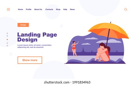 Depressed woman on sea beach. Sad girl sitting on sand under umbrella flat vector illustration. Major depression, vacation, loneliness concept for banner, website design or landing web page