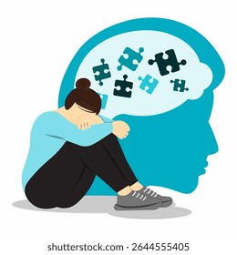 Depressed woman with puzzle pieces representing mental states.