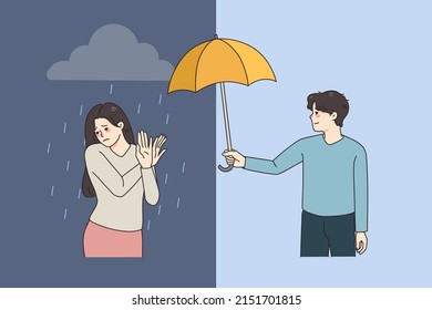 Depressed Woman Refuse From Male Friend Help Cover Her With Umbrella From Rain. Unhappy Girl Suffer From Depression Reject Aid Or Assistance. Psychological Problem, Pessimism. Vector Illustration. 