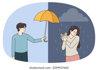 Depressed woman refuse from male friend help cover her with umbrella from rain. Unhappy girl suffer from depression reject aid or assistance. Psychological problem, pessimism. Vector illustration.