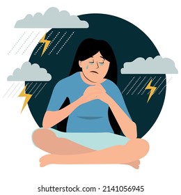 Depressed woman. Sad lonely girl sitting and hugging her knees under rain clouds and storm. Female in depression or anxiety vector concept. Character feeling upset and lonely, in bad mood.