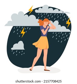 Depressed woman. Sad lonely girl walking under stormy rain with clouds and lightning. Female character feeling anxiety and sorrow going at darkness. Cartoon suffering lady in trouble vector