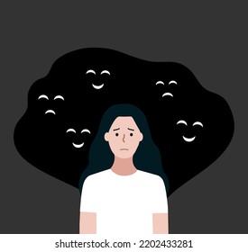 Depressed woman with scary smiling faces behind. Depression, mental disease, public disapproval, loneliness, bullying concept. Flat character vector design illustration.