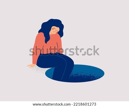 Depressed woman sits on the edge of dark hole and sees no prospects. Sad girl is powerless and apathy. Female person without motivation. Mental health concept. Vector illustration