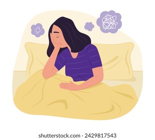 Depressed Woman Sitting in Bed with Feeling of Stressed for Mental Health Concept Illustration