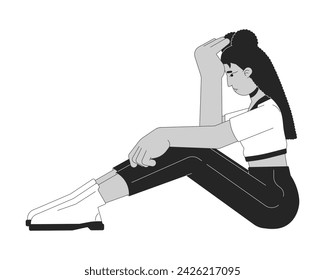 Depressed woman sitting black and white cartoon flat illustration. Hispanic female dejected 2D lineart character isolated. Emotional expressing, body language monochrome scene vector outline image