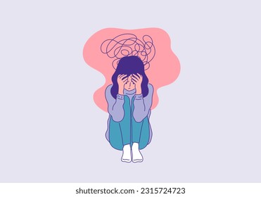 depressed woman sitting face palm pose outline colored illustration. mental health and illness conceptual