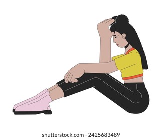 Depressed woman sitting line cartoon flat illustration. Hispanic female dejected 2D lineart character isolated on white background. Emotional expressing, body language scene vector color image