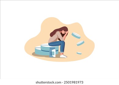 Depressed woman sitting on Big Pill, leaning on his hands, having financial troubles during quarantine or suffering from loneliness, vector, illustration