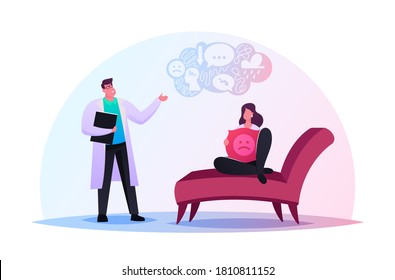 Depressed Woman Sitting on Couch at Psychologist Appointment for Professional Help. Doctor, Specialist Character Talking with Patient about Mind Health Problem. Cartoon People Vector Illustration