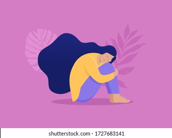 depressed woman sitting on the floor vector illustration concept, sad woman crying and hug her knee, can use for, landing page, template, ui, web, homepage, poster, banner, flyer