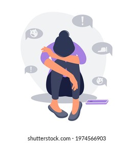 Depressed woman sitting  on the floor with phone surrounded by message bubbles. Cyber bullying in social networks and online abuse concept. Vector flat cartoon illustration