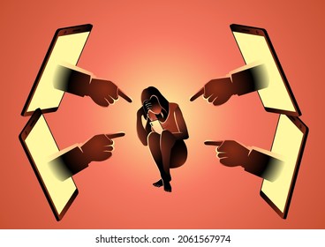 Depressed woman sitting on the floor holding a smart phone being pointed by hands appearing from smartphone