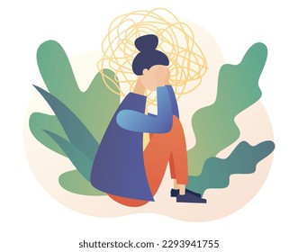 Mujer deprimida sentada en el suelo. Depresión mental. El concepto de salud mental y psicoterapia. Ansiedad, estrés, agotamiento emocional y otros problemas psicológicos. Estilo moderno de dibujos animados planos. Vector