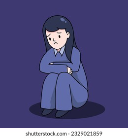 Depressed woman sitting on the floor and hugging knees. Mental health, anxiety, alone and sadness 