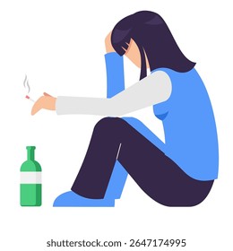Depressed woman sitting on the floor and hugging her knees. Young woman smoking and drinking. Anxiety disorder. Vector illustration.