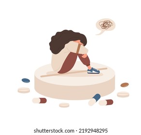 Depressed woman sitting on huge pill. Sad girl with headache. Mental disorders concept. Antidepressants, vitamins and hormonal medications. Vector illustration in flat cartoon style.