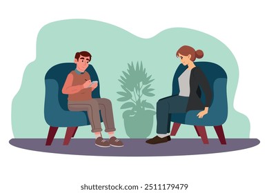 depressed woman sitting on sofa in consultation with psychologist for professional help. Doctor, specialist character talking to patient about mental health problem. Cartoon People Vector Illustration