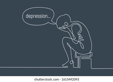 Depressed woman sitting on stool. Woman is crying. Continuous line drawing. Illustration on gloomy gray background