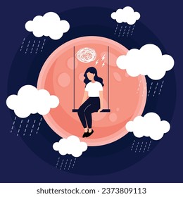 Depressed woman sitting on swing in the darkness.Concept of mental disorder or illness. Vector illustration