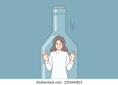 Depressed woman standing inside transparent bottle cant get out due to alcohol abuse. Young girl is trapped in need of treatment and rehab from strong drinks addiction. Flat vector illustration