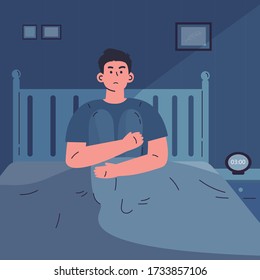 Depressed woman suffering from insomnia at night in her bedroom.A young woman with insomnia sits on a bed.Sad and angry girl thinks how to sleep.Flat cartoon character.Colorful vector illustration.