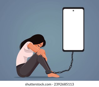 
Depressed Woman Suffering Internet Social Media Addiction Concept Vector. Young person suffering from nomophobia being addicted to technology 
