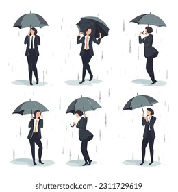 Depressed woman in suit under umbrella vector isolated