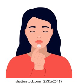 Depressed woman taking antidepressant drug pill, painkillers. Sad girl hold handful medicine. Fighting anxiety hormonal drugs. Medication treating illness or disorder health. Vector illustration