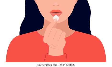 Mulher deprimida tomando pílula antidepressiva, analgésicos. Uma garota triste segura um remédio. Combate às drogas hormonais de ansiedade. Medicação para tratar doenças ou distúrbios de saúde. Ilustração vetorial