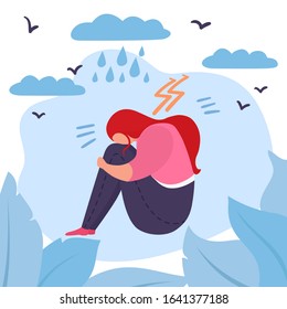 Depressed woman vector illustration. Sad stressed lonely unhappy young girl or teenager sitting with her face buried in knees. Bad weather, thunder, clouds, lightning and rain.