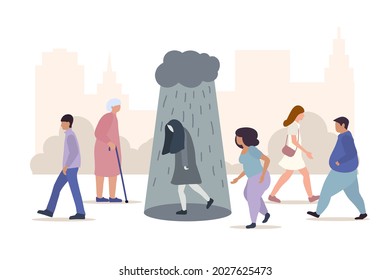 Depressed woman walks under cloud with falling rain on crowded city street. Depression, mental problems, loneliness cartoon vector illustration 