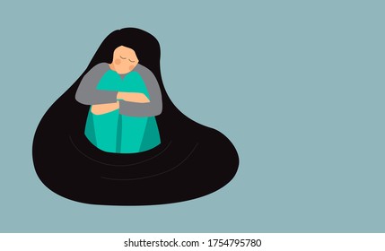 depressed woman wallows in her sad thoughts, sad woman sitting on the floor, vector illustration