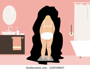 Depressed woman weighs herself in a bathroom, EPS 8 vector illustration