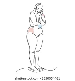 Depressed woman with weight on the scale one line drawing. Depressed woman with weight on the scale single line illustration. Depressed woman with weight on the scale minimalist line art