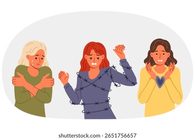 Mulheres deprimidas sentem dor e desespero devido a problemas mentais, derramam lágrimas e sofrem por causa de arame farpado. Meninas vítimas de violência doméstica e discriminação precisam de ajuda para se curar do desespero