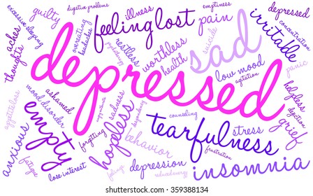 Depressed word cloud on a white background. 