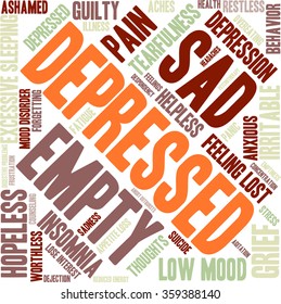 Depressed word cloud on a white background. 