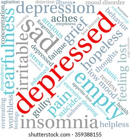 Depressed word cloud on a white background. 