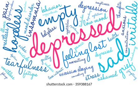 Depressed word cloud on a white background. 
