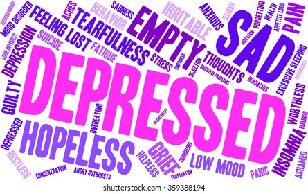 Depressed word cloud on a white background. 