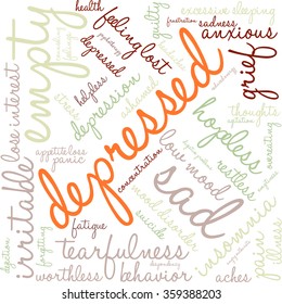 Depressed word cloud on a white background. 
