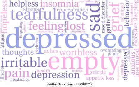 Depressed word cloud on a white background. 