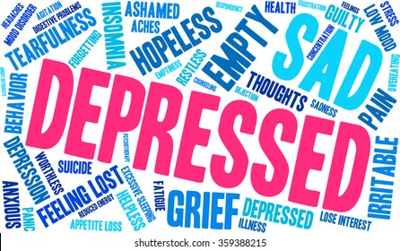 Depressed word cloud on a white background. 