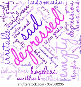 Depressed word cloud on a white background. 