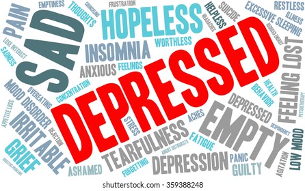 Depressed word cloud on a white background. 