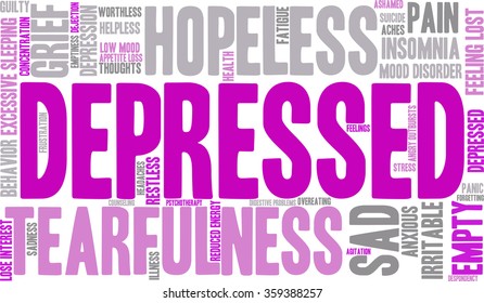Depressed word cloud on a white background. 