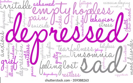 Depressed word cloud on a white background. 